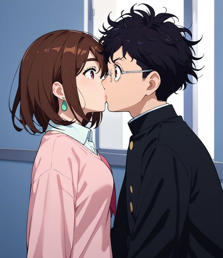 score_9, score_8_up, score_7_up, anime screencap, source_anime, 
accidental kiss, kiss, 1boy, 1girl, hetero, cute, (surprised), small pupils, !,  standing,  ( from side:1.4), face to face,(half-closed eyes, wide-eyeds), pain,hurt,Lips collide and it hurts,walking,
<lora:Accidental_kiss_Pony:1>
school, daytime, outdoors, window,door,white background, simple background, School entrance corridor,
BREAK
accidental kiss, kiss, 1boy, 1girl, hetero, cute, (surprised), small pupils, !,  standing,  ( from side:1.4), face to face,(half-closed eyes, wide-eyeds), pain,hurt,Lips collide and it hurts,walking,
<lora:Momo_Ayase_Dandadan_V2:.85>, KJOmomo, brown hair, dark eyes, medium hair, hair between eyes, thick eyebrows, green earrings,
white collared shirt, oversized pink pullover, long sleeves,  blue short skirt, untucked shirt,
(Beautiful, medium Breasts:1.2), 
BREAK
accidental kiss, kiss, 1boy, 1girl, hetero, cute, (surprised), small pupils, !,  standing,  ( from side:1.4), face to face,(half-closed eyes, wide-eyeds), pain,hurt,Lips collide and it hurts,walking,
black hair, brown eyes, glasses, round eyewear <lora:ken-ponyXL-v0.5:0.7>
((black gakuran)), messy hair, ((black school uniform)),  long sleeves, black  sleeves,
