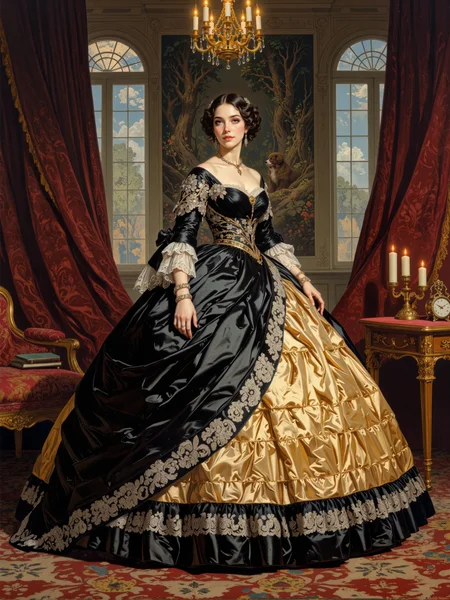 famous artwork, oil on canvas, a masterfully painted classical portrait of a gorgeous young noblewoman, blending soft, luminous brushwork with meticulous detailing, evoking the grandeur and elegance of 19th-century aristocratic portraiture in the style of franz xaver winterhalter. she is  standing gracefully at the center, her poised and dignified stance exuding refinement, her gaze captivating, with luminous porcelain skin and a faint, regal smile. cascading curls of long jet black hair frame her delicate features, elegantly pinned back with pearl and sapphire hair ornaments, soft, beautiful grey eyes reflecting the candlelight, her hands gently resting before her, one lightly grazing the folds of her gown, the other wearing a delicate lace glove and a gold ring set with a deep blue sapphire. the voluminous 19th-century ball gown is a breathtaking masterpiece of fashion, night black and gold satin, shimmering subtly in the candlelight, layered with sheer tulle and delicate lace accents, an intricate pattern of silver embroidery tracing floral motifs along the hem and luxurious bodice, a dramatic sweetheart neckline framed by puffed lace sleeves, a prominent bow in matching night black and gold satin at the bust, cascading velvet ribbons trailing down the tiered skirt, the opulent textures of fabric, lace, and embroidery captured with masterful precision. the background features a grand, dimly lit ballroom with towering paintings in gilded frames, a candlelit chandelier is casting a soft light, deep burgundy and gold brocade drapes frame the tall arched windows, a richly upholstered chaise lounge and an ornate carved wood side table adorned with fine porcelain and a gilded clock add to the opulence. three-quarter view portrait, slightly low angle, emphasizing the subjectâs elegance and the grandeur of the setting, a balanced yet dynamic composition guiding the viewerâs eye from the subjectâs luminous face to the intricate details of the gown and surrounding dÃ©cor. soft chiaroscuro lighting, warm golden candlelight illuminating her features and fabric, subtle play of shadow and light adding depth and dimension, gentle reflections of candlelight flickering across the polished surfaces of the ballroom, accentuating the richness of the scene. painted on fine canvas with delicate, visible brushstrokes capturing the textures of satin, lace, and carved wood, the painterly approach lending a timeless, museum-worthy authenticity, colors rich and saturated yet softened by the interplay of light, evoking a sense of nostalgia and timeless beauty, ovg, fs, <lora:style-former_splendor-v2-flux-by_marielle:0.64>