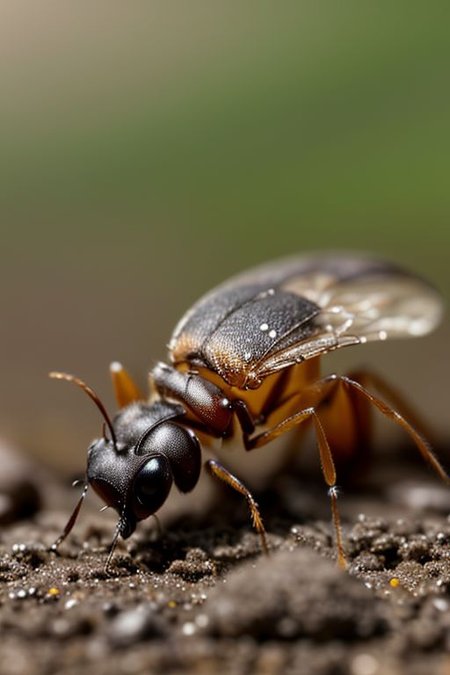 masterpiece,professional macro photography, professional macro photography, an ant eats a fly in the mud on a forest path (wet sand, mud, grass), soft bounced lighting, amazing depth of field, shot from a low angle, (cinematic bokeh, dynamic range, vibrant colors)
