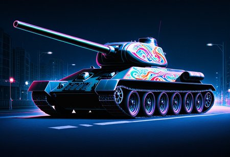 Graphic Design, color art, vibrant colors, colorful, intricate details, high contrast, detailed background, beautiful detailed, newest, new, t3485, no humans, tank, military vehicle, vehicle focus, street, cinematic lighting, dark, night, neon, spoiler (automobile), headlights, 