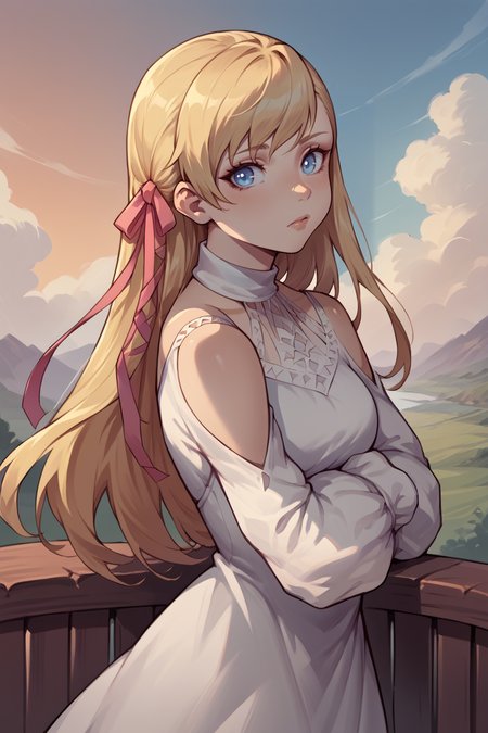 score_9, score_8_up, score_7_up, score_6_up, source_anime, BREAK 1girl  <lora:ryne-pdxl-nvwls-v1:1> ryne, blonde hair, blue eyes, hair ribbon, white dress, shoulder cutout, from side, looking at you, sky, sunset, thinking