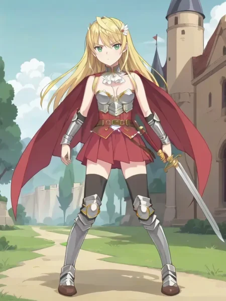 score_9, score_8_up, score_7_up, source_anime, 2D, flat colors, flat shadows, anime_screencap <lora:lunaslaveswordpony:1>,
1girl, solo, lunassword, long hair, blonde hair, green eyes, hair ornament, red cape, red skirt, armor, arm guards, belt, bare shoulders, cleavage, black thighhighs, boots, standing, outdoors, castle grounds, holding, sword, weapon, standing, serious, dynamic pose