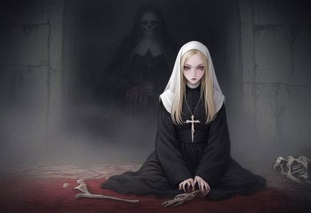 horror \(theme\),("Nevson Arts" text logo),shadows,foggy,abandoned church,dark blood,darkness,bones,anime style,anime,nun is sitting on knees,blonde,long hair,