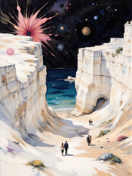 Surrealism themed artwork depicting white-toned seaside chalk cliffs, illuminated by spotlights, rococo, intricate black and pink fractal, magical, billowing bright dust, very detailed. The overall feel of the image is of clarity and balanced space, with distorted people and items interacting in unusual ways. Additionally the image incorporates elements of mixed media including flowing lines drawn with fine pens and appliqued copperleaf. The general effect is of elaborate surreal and absurdist elements interacting with each other to produce timeless fine art elegance. <lora:Paper_Marbling_Flux:0.5> <lora:Eldritch_Watercolor_for_Flux:0.5> <lora:midjourney_whisper_chromaplex_v1:0.4> <lora:Eldritch_Paint_Sketch_for_Flux_1.0.5:0.4> <lora:FLUX.1-DEV_-_Decadence_style_LoRA:0.5>