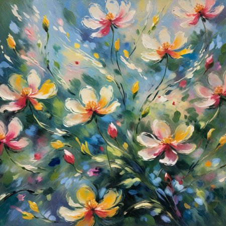 floral fauna, impressionistic style, brushstrokes, vibrant colors, dappled sunlight, movement, swirling petals, inspired by Monet