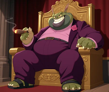 masterpiece, best quality, amazing quality, smile, solo, 1boy, furry male, green skin, thick lips, sharp teeth, SJSwackhammer, yellow sclera, purple eyes, fat man, purple suit, pink shirt, belt, facial hair,  corsage, indoors,throne, full body, sandals, toeless footwear, sitting, looking at viewer, grin, holding cigar, claws,  <lora:SpaceJamSwackhammer:1>