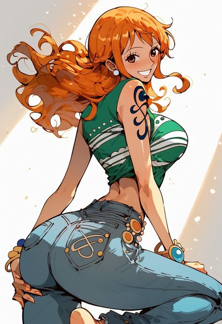 ,score_9, score_8_up, score_7_up, Expressiveh, (masterpiece), nami, low waist jeans shorts,(blush, joyful, smile),  skinny, post timeskip nami, orange short hair, anime, one piece style, from the back, looking at camera, one feet up, one piece anatomy, huge ass, thight clothes, shiny skin, sexy, solo, beautiful face, perfect face, standing up, erotic pose, pink lightings, sunlight, oily skin, simple background, very detailled face, very detailled ass, fullbody, solo