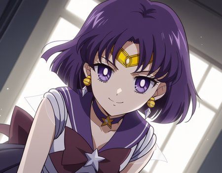 score_9, score_8_up, score_7_up, source_anime, <lora:hotaru-tomoe-eternal-movie1-ponyxl-lora-nochekaiser:1>, hotaru tomoe, purple eyes, short hair, purple hair, circlet,, brooch, choker, earrings, gloves, jewelry, magical girl, miniskirt, purple sailor collar, sailor collar, sailor senshi uniform, skirt, star choker, white gloves,, indoors, bent over, smile, looking at viewer, solo,, cowboy shot, dutch angle