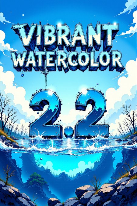 <lora:Vibrant_watercolor_v.21:0.6>  <lora:Fancha_style_v.5:0.6> Fancha style.  <lora:Textimprover-FLUX-V0.4:0.7> aidmatextimprover.
A shiny reflective chrome (text says "VIBRANT WATERCOLOR":1.2) and (digit  "2.2":0.5), floating mid-air above a stunning seascape.