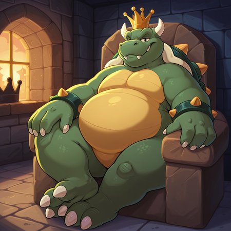 masterpiece, best quality, newest, absurdres, highres, safe, <lora:King_Koopa_-_IL:1> king koopa, turtle, furry, chubby, fat, green skin, yellow belly, reptile, crown, spiky shell, horns, spiky bracelets, three toes, castle background, dungeon scenery, sitting on a throne, smiling, looking at viewer, (((shaded))), ((detailed)), ((vibrant)), detailed background, <lora:NOOB_EPSv1_1_detailer_by_vlnvk_v1_0:1>