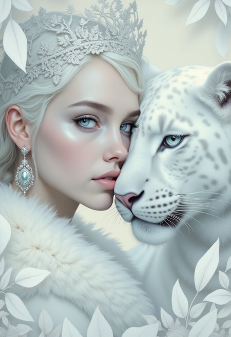 (highly detailed digitally rendered close-up portrait) A striking white woman and a sleek white jaguar lock eyes, their faces perfectly aligned to command attention. Her flawless porcelain skin glows softly under diffused lighting, accentuating her regal features—high cheekbones, a symmetrical face, and piercing ice-blue eyes framed by dramatic, smoky white makeup. Her pale rose lips and an intricate silver filigree headdress add a touch of opulence, while oversized, ornate earrings complete her majestic look. Beside her, the white jaguar presses close, its smooth, snow-white coat shimmering subtly as its icy blue eyes lock onto the viewer with an equally powerful intensity. The jaguar’s face is captured in exquisite detail, from its alert ears to its sharp, whiskered profile, perfectly complementing the woman’s poised expression. White leaves frame the duo, their angular and textured shapes adding depth and contrast to the composition. The alignment of their faces, enhanced by soft lighting and the monochromatic palette, creates a visually striking connection, blending raw animal power with human elegance in a unified, commanding presence. (OBxiaoxiang, A digital painting in the style of ck-js,)