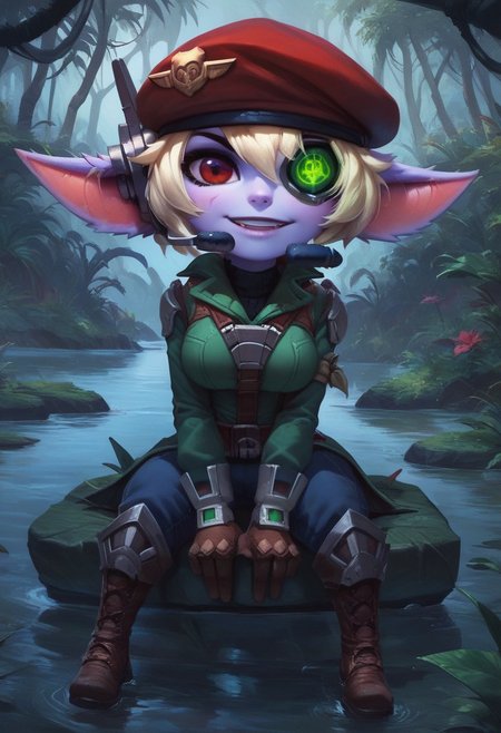 score_9, score_8_up, score_7_up, ultra quality, 1girl, ostristana, yordle, shortstack, purple skin, pointy ears, red eyes, eyepatch, green visor, headset, long jacket, blue pants, boots, sitting, lake, red beret, big breasts, looking at viewer, jungle.