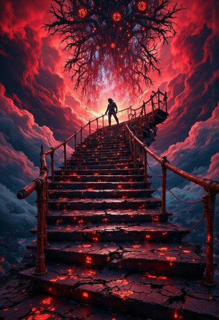 An enormous spiral staircase made of translucent glass ascends into a stormy, blood-red sky filled with fragmented memories that scream and writhe. At the center, a figure with no discernible face dissolves into a swarm of black insects that reform and disintegrate with each step. The stairs crack and reform beneath their feet, each ripple sending shockwaves through the memories. The surreal scene now embodies a descent into madness, with chaotic visuals and unnerving, glowing accents.  ,aidmafluxproultra