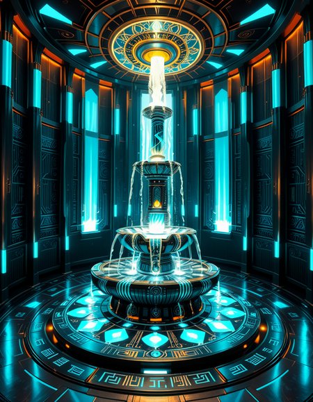 The center of a high-tech, alien temple-laboratory, where dark metallic walls shimmer under the glow of cyan vertical light tubes and faint sacred runes. In the middle of the chamber lies an elaborate biomechanical fountain, rising like an altar from a circular platform of engraved metal. The fountain pulses with iridescent liquid light, flowing in gravity-defying streams that spiral upward before cascading back into a glowing basin etched with ritual patterns. Bioluminescent veins run through the structure, illuminating the surrounding floor like circuitry. Overhead, a radiant, halo-like design casts a celestial glow, enhancing the surreal, sanctified atmosphere. The space exudes a fusion of sacred ceremony and alien technology, as if the fountain were a source of divine power worshipped by another world.
<lora:high-tech_alien_temple_f0unt41n:1>,high-tech alien temple f0unt41n,<lora:SDXLFaeTastic2400:0.4> <lora:extremely_detailed:0.4> extremely detailed, Masterpiece,best quality,hi res,8k,hi res,8k,award winning,(sharp focus, intricate, highly detailed),