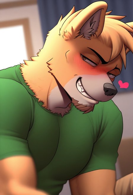 <lora:CaneStN:1>, Cane_(Flicklock), spitzen dog, tan fur, goatee, brown eyes, perfecteyes, furry male, furry, 1boy, solo, muscular, athletic build, large pectorals, beautiful amazing quality, hyper-detailed, highres, depth of field, very aesthetic, vibrant colors, high sharpness, cell shaded, photorealism, photorealistic, dynamic angle, cinematic lighting, detailed background, green shirt, short sleeves, brown pants, ((face focus)), close up, portrait, grin, fang, heart symbol, lidded eyes, blushing