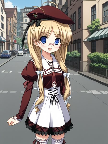 1girl, solo, yukiponeleeyes, blonde hair, long hair, low twintails, low-tied long hair, hair ribbon, ahoge, blue eyes, glasses, rimless eyewear, beret, kouryoukan_academy_school_uniform, frilled thighhighs, brown boots, outdoors, city, street, open mouth, smile, full body,
