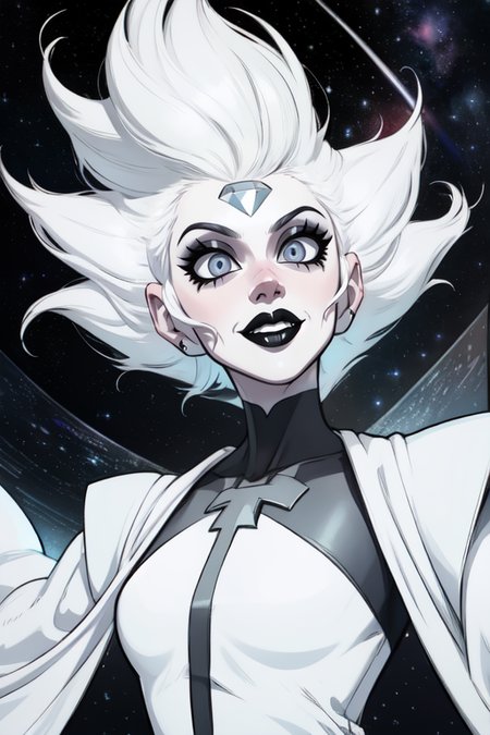 Witdim, black lips, eyeliner, grey eyes, white hair, pointy hair,  forehead jewel, 
white robes, smile, 
standing, 
solo,stars, space, 
(insanely detailed, beautiful detailed face,beautiful detailed eyes, masterpiece, best quality),  <lora:whitediamond:0.9>