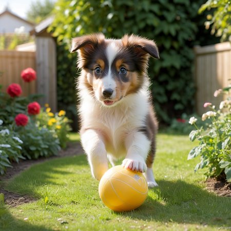 a collie puppy playing with a ball in the garden, midday, summer, volumetric light,  <lora:add-detail-xl:3>