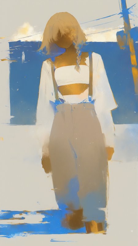 masterpiece, newest,absurdres,incredibly absurdres, best quality, amazing quality, very aesthetic,
1girl, walking along cracked asphalt road, sun-bleached overshirt fluttering open, bandeau top, wide cargo pants, suspenders hanging, scuffed boots, long sunlit blonde hair in loose messy braid, ochre theme, sky blue theme, white theme, gold hue, cyan hue, shimmer in rising heat, distant power lines bending in perspective,
<lora:0__11Xx:1> 0__11Xx_illu, <lora:style1_v1_Illusv2.0_1:1> stylized