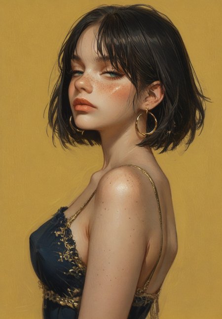 1girl, solo, breasts, short hair, simple background, black hair, dress, closed mouth, jewelry, medium breasts, upper body, green eyes, multicolored hair, cowboy shot, ear piercing, colored skin, from side, cross, ear hoop, freckles, nose, cross pastel  A digital illustration shoot from a profile camera angle about a stylized portrait of a woman with short black hair and large hoop earrings, wearing a dark blue dress with a gold trim and a cross-shaped pastel on her face, standing against a yellow wall with a warm, golden glow. the woman, who appears to be a young adult, is positioned in the middle of the image, facing the viewer with her eyes looking to the side. she has a confident and slightly seductive expression, with her lips slightly parted and her eyes closed. her hair is styled in a short, black bob cut, and her hair color is a vibrant green. she is wearing large gold hoop earring and a blue and gold dress with gold trim. the background is a gradient of warm yellow and dark brown, creating a dramatic contrast with the woman's striking features. the artist's signature "mab" is in the bottom right corner of the bottom left corner. score_9, score_8_up, score_7_up, score_6_up,    embedding:zPDXLxxx  porn, nsfw, tits, pussy, nipples,    <lora:Sinozick:0.42772344351527614>,  <lora:Serpieri_for_Pony-000011:0.39314796226838367>,  <lora:1dkXLP:0.6956080118223373> ,  <lora:jc_leyendecker_pony_v6_smooth_fix_metadata:0.6039927931054886>