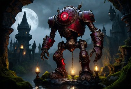 giant bipedal robot red and dark amber, bronze paisley robot. lacy robot diving helmet head. outside of a steampunk keep. large detailed torso. dark image. one forty foot tall ancient robot with great arms and two heavy spring legs. dark foggy night background. $dark foggy night image only. dark photo realistic image. steampunk details. cogs, chains and pipes incorporated in the fantasy buildings. magic wizards tower in background. Dark swamp, moss, castle ruins, wizards tower. stormy dark night.