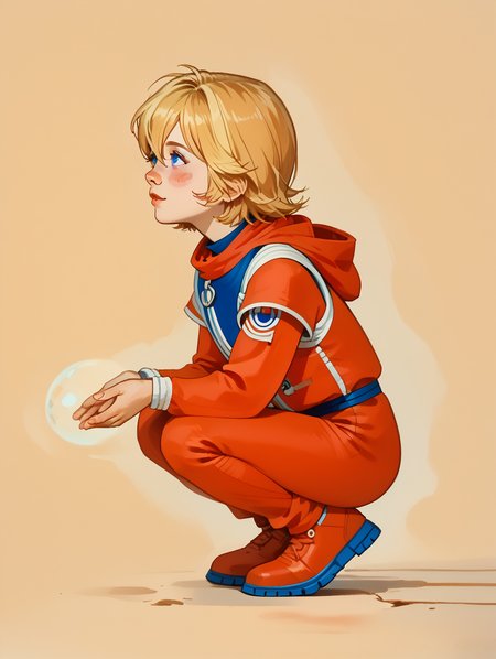 score_9, score_8_up, score_8_up, perfect drawing, sharp lines, absurdres, 
1girl, solo, alisattp, (full body:1.2), 
blonde hair, blue eyes, blush stickers, hair between eyes, bangs, red bodysuit, spacesuit, short hair,
Dynamic lighting, shading, detailed, from side,  thighs, feet,
simple background,  looking up,
1980s \(style\),
d3t41l3d,  <lora:d3t41l3dXLP:0.6>, <lora:alisattp_pdxl:1>
