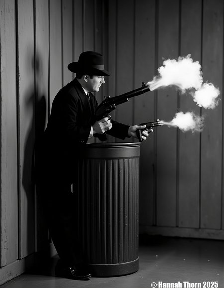 A gangster in a 1930s film fires his gun hiding behind a garbage can<lora:_Flux\_Film-Retro\Pre-Code_Hollywood-concept_2.safetensors:1.0:1.0>