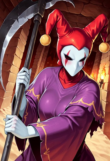 score_9,score_8,score_7,source_furry, (masterpiece, best quality, high quality:1.2), detailed hands,character focus, detailed skins, body blush, cinematic shadow, character focus, ultra detailed background, 
dutch angle,
<solo:1.5>, <1girl:1.5>, (anime:3.5), (official:3.5), (dynamic pose:1.8), upper body,
chariotsaga, 1girl, solo, girl focus, medium breast, spread arms,
jester, red headwear, looking at viewer, white skin, jester cap, pom pom (clothes), (faceless mask:1.2), facepaint, hat, robe, purple robe, torn robes, long sleeves, wide sleeves, light gray color nails, holding, scythe, weapon, holding scythe, holding weapon,  
ancient ruin background, indoor, dark orange stone wide rooms, torch wall, darkness, sand, desert,