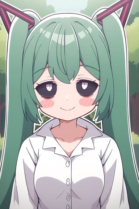 score_9, score_8_up, score_7_up, score_6_up, BREAK, MimukauwaNTPXL, black sclera, white eyes, bags under eyes, green hair, long hair, bangs, twintails, hair onrmanet, blush stickers, medium breasts, white shirt, long shirt, long sleeeves, solo, front view, (portrait, upper body), solo focus, seductive smile, looking at viewer, forest, tree <lora:MimukauwaNTPXL:0.8>