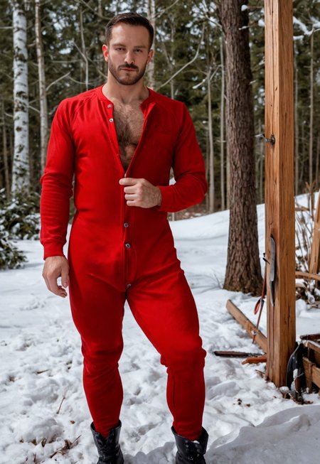 score_9, score_8_up, score_8, 1boy, male focus, solo, beard, short hair, chest hair, partially unbuttoned, realistic, pectoral cleavage, hairy, pectorals, long sleeves, red union suit, smirk, cabin, outdoors, winter, looking ahead, black boots, chopping wood,