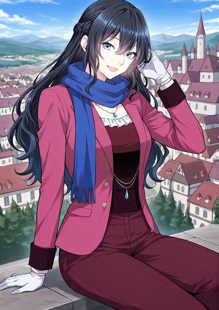 <lora:Tabitha_Helstea__The_Beginning_After_the_End__Illustrious:1>
1 girl, solo, blue eyes, black hair, hair between eyes,
alternate costume, red shirt, pink jacket, blue scarf, white gloves, french braid, jewelry, necklace, lipstick,  red pants
score_9, score_8_up, score_7_up, very aesthetic, source_anime, detailed, high quality, beautiful, masterpiece, detailed eyes, castle, village, blurry background, cityscape, pose dynamic angle, light smile, open mouth, hand on hair, sitting