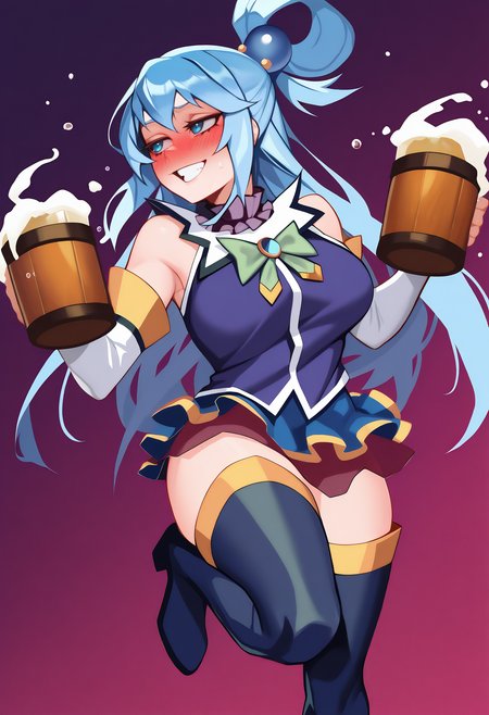 masterpiece, best quality, <break> solo, 1girl, aqua \(konosuba\), kono subarashii sekai ni shukufuku wo!, blush, grin, looking away, standing on one leg, holding beer mug, drunk, blue hair, hair rings, blue eyes, sleeveless shirt, green bowtie, detached sleeves, microskirt, thigh boots, large breasts
 <segment:yolo-face_yolov8m.pt,0.4,0.5//cid=1>