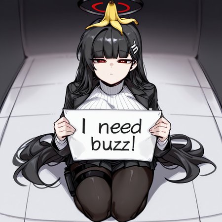 masterpiece, best quality,
 <lora:doppel:1> d0pp3l, r1o, halo, black hair, very long hair, blunt bangs, red eyes, bright pupils, white pupils, ringed eyes, large breasts, hair ornament, black jacket, id card, turtleneck, ribbed sweater, white sweater, black skirt, pleated skirt, black pantyhose, thigh holster, kneeling, both hands up, banana on head, banana peel, flat face, punished, half-open eyes, close mouth, no expression, side-top view, need_buzz, holding sign