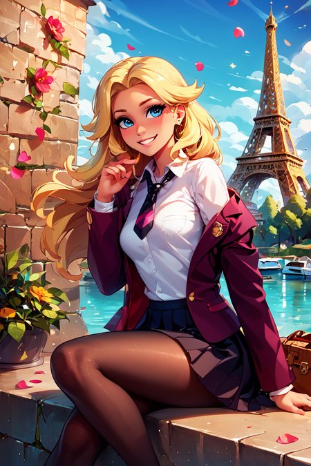 score_9, score_8_up, score_8, medium breasts, (curvy), cute, eyelashes,       ,,, , ,,, zzLss, blue eyes, blonde hair, long hair,  shirt, necktie, jacket, school uniform, white shirt, long sleeves, black necktie, collared shirt, blazer, black skirt, black pantyhose,  <lora:Lass_Pokemon_PDXL:0.8>,     ,,,, BREAK, zzEiffelTower in background, sitting, watercraft, boat, sitting on wall, side view, looking at viewer, smile, ,,, BREAK, blooming stars, luminescent petals, otherworldly fragrance blurry background, ,,, embedding:zPDXL, Expressiveh, ,,, <lora:EiffelTowerPDXL:0.8>, <lora:CatalystStylePDXL:0.6>, <lora:SDXLFaeTastic2400:0.5>, <lora:Expressive_H-000001:0.4>,
