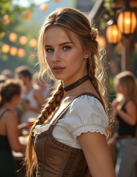 **Prompt:**
A woman  stands proudly in front of a traditional Bavarian backdrop, her long braid cascading down her back like a waterfall. She wears a intricately detailed dirndl attire, complete with delicate lace and embroidery, perfectly capturing the essence of Oktoberfest. Side view.
The camera captures her from a 45-degree angle, emphasizing her slender neck and shoulders as she gazes directly at the viewer. Soft, warm light from a nearby lantern casts a flattering glow on her skin, accentuating her high cheekbones and full lips.
In the background, the real Oktoberfest festivities unfold: revelers in traditional attire dance and sing around tables laden with steins of beer, while others play lively tunes on accordions and brass instruments. The atmosphere is electric, with vibrant colors and sharp lines that create a sense of depth and dimensionality.
As the camera lingers, it becomes clear that this woman is not just any festival-goer â she's the star of the show. Her dirndl attire is immaculately detailed, from the intricate patterns on her apron to the delicate flowers in her hair. Every stitch, every thread, every detail is meticulously rendered, creating a photorealistic masterpiece.
In a stunning double exposure effect, the woman's image is superimposed over a blurred background of revelers and festivities, creating an otherworldly sense of presence. The result is a truly cinematic scene that transports the viewer to the heart of Oktoberfest.
**Technical Specifications:**
* Resolution: 16k UHD
* Aspect Ratio: 1:1
* Frame Rate: 24fps
* Color Space: Rec. 2020
* Lighting: Soft, warm natural light with subtle highlights and shadows
This image is a true masterpiece, showcasing the artist's skill and attention to detail in capturing the essence of Oktoberfest. With its ultra-sharp lines, intricate details, and photorealistic quality, it's sure to be an award-winning work that leaves a lasting impression on all who see it.