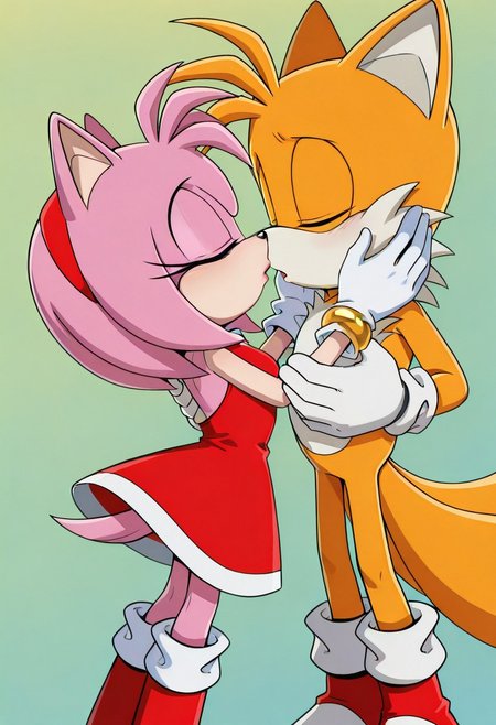 <lora:Tails_-_Sonic_X_IL:1.0> 1boy, male, Tails_IL,  white gloves, imminent kiss, closed eyes, AmyRose, 1girl, bright pink fur, large closed eyes, bangs, red dress with white trim, white gloves, red boots with white stripes, Gold circular bracelets, sonic the hedgehog, imminent kiss