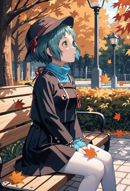 rating_safe, source_anime, score_9, score_8, score_7, score_6, 1girl, autumn, leaves, afternoon, warm clothes, park, daydreaming, from side, looking up, sitting on bench, autumn hat, BREAK,  <lora:zs_FuukaXL:1> fuukadef, aqua hair, short hair, grey eyes, school uniform, green turtleneck, skirt, white pantyhose, gekkoukan high school uniform,