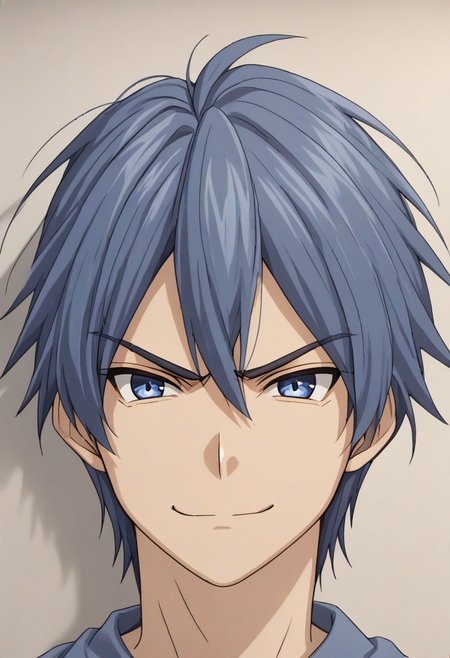 high resolution, solo, best quality, 1Boy, Tomoya Okazaki, Grey Blue Hair, portraits, looking at viewer, angry, gentle smile, OverallDetail