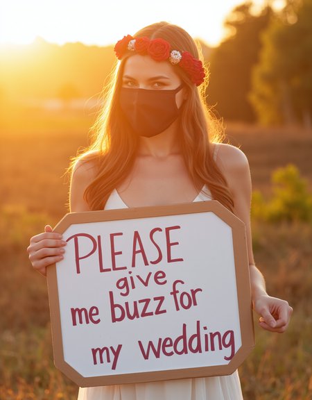 golden hour,  woman, black transparent veil over mouth smile sexy white dressred rose diadem on the head, long dress 

holding a big sign with the text "Please give me buzz for my wedding"