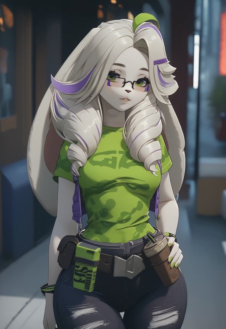 safe_pos, solo, 1girl, score_9, score_8_up, score_7_up,white fur,,furry bunny, small breast, wide hips, hand on hip, hot,, green eyes, Bunny Asha, glasses, long wavy hair,, purple jacket, torn groovy jeans, green shirt, belt