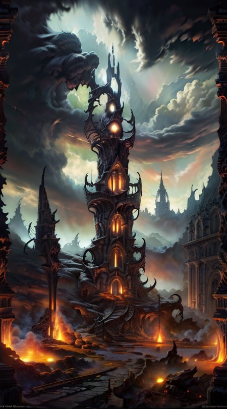 Gothic style, 
Horror-themed, 
Masterwork Painting, Magnum Opus, 
HDR photo of 
 <lora:Wizard_Tower-10:0.75> witow, castle, cloud, cloudy sky, grass, no humans, scenery, sky, tower, tree, 
 <lora:locon_conceptlightning_v1_from_v1_64_32:1> lghtnngprsn, lightning, storm 
<lora:Hell2_v1.0:0.8> demonic, creatures, fire, city, creepy, lava, volcano, castle,
. High dynamic range, vivid, rich details, clear shadows and highlights, realistic, intense, enhanced contrast, highly detailed,
  highres, 8k, uhd, High Dynamic Range, tonemapping, crisp details,  intricate details, fine details,
. Eerie, unsettling, dark, spooky, suspenseful, grim, highly detailed,
. Dark, mysterious, haunting, dramatic, ornate, detailed