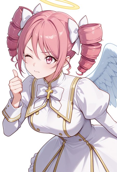 Smooth Quality,masterpiece,very intricate, high quality details, ultra realistic, high detailed skin,detailed enviorement,absurdres,
thumbs up,
 <lora:Pino_CNR:0.8> pino_cnr, 1girl, pink hair, short hair, twintails, drill hair, pink eyes, large breasts,pino_cnr_def, white dress,white bow, hair bow, hair ribbon, cross,long sleeves, juliet sleeves, halo, angel wings,, wince,, simple background, white background, sideways,solo,