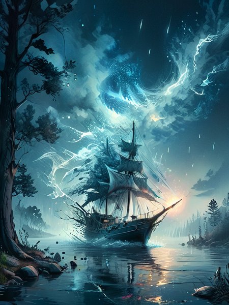 sailboat, light particles, lined lighting, in misty fog, dark fog background, 
curved trees, water vortex, reflections, wind vortex, damage paper, drowning, blue fog, white fog, 
emergency countermeasures, scorching weather, synthwave, 
fireflies, complex background, intricate details, 
suthin tones, hyperdetailed, muted colors, <lora:ral-dissolve:0.7>, <lora:Flashfire_Glowing_Runes:0.5>, <lora:hkmagicV2:0.5>, <lora:xl_more_art-full_v1:0.5>, <lora:WildcardX-XL-Detail-Enhancer:1>, faded ink, ink smears, ink stains, ink splashes, ink illustration, 
<lora:EldritchMixIllustration_1.0:0.5>,