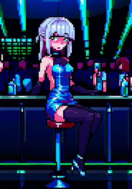 score_9, score_8_up, score_7_up, night club, lamps, night, crowd,nightclub,rave,spotlights,crowded, 1girl, green eyes, slit pupils, white hair, half updo, medium hair, hime cut, medium breasts, skinny, claws, sitting on bar stool, bar counter, front view, looking at viewer, showing panty, skirt up, white lace panty, wisky bottle, drunk, drunked, bubles, holographic, backless dress, short dress, holographic dress, long gloves, black stockings, stiletto shoes, good hands, <lora:Ehohinstyle:1>, ehohin 
 <lora:merged_pixel_base_model_svd:1> <lora:choutenchan_pixel_dotpict:1>