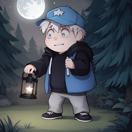 score_9, score_8_up, score_7_up, score_6_up, outdoors, forest, horror \(theme\), source_anime, night, dark, nervous, sweat, full moon, <lora:rfgideon-v1-16:0.9> rfgideon, cub, young, cub, 1boy, gray eyes, solo, baseball cap, star \(symbol\), two-tone hoodie, black t-shirt, grey pants, black footwear, holding lantern,