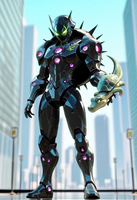 (masterpiece), (best quality), (newest), (amazing quality), (highres), (best anatomy), (high detail),
BREAK
masterpiece, best quality,, CGI, 3D,, (1man),, supervillain_aesthetic,, mech_suit, mech modeled after the (alligator snapping turtle), humanoid mechanical turtle suit,, bulky body, round,, green and black color scheme paint job,, turtle-shaped helmet, power_gauntlets, power_boots, power-core, turtle shell shaped jet-pack, red-glowing optic sensors,, dents, scratches,
BREAK
(Blurry_background); city, modern_day, intersection,