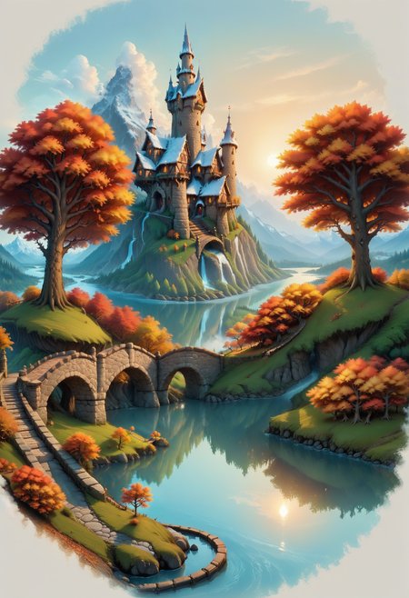 Faded Headshot, faded bottom, faded edges  <lora:FadedHeadshot:1>,score_9, score_8_up, score_7_up, score_6_up, score_5_up, score_4_up score_9,score_8_up, Fantasy landscape, mountain backdrop, snowy peaks, autumn scenery, vibrant fall colors, red foliage trees, blue lake, wooden bridge, thatched cottages, dramatic clouds, fiery sunset sky, warm color tones, fairy-tale illustration, whimsical, magical atmosphere  <lora:add-detail-xl:0.3>, <lora:MJ52:0.3>, <lora:xl_more_art-full_v1:0.3>
