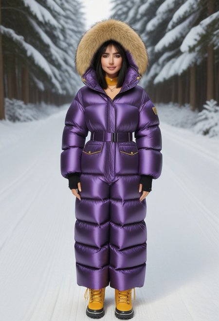((((puffer padded jacket)))), ((((puffer padded coat)))), ((((full body)))), ((((fur boots)))), ((((puffer pants)))), ((((puffer hood up)))), winter, snow, forest, 1girl, solo, (masterpiece), detailed face, detailed eyes, (beautiful detailed eyes:1.5), sidelighting, (super detail, hyper detail, intricate_details, detailed), (semi realistic:1.6), (Bob cut), blunt bangs,(black hair), (purple eyes, eyelashs), tanned skin, smug smile, angry face, Golden jewelery, golden rings, golden necklace, golden armlets, golden chains, padded cuffs, padded collar, Thick padded cuffs, Thick padded collar, <lora:Collar-SDXL:0.6>, <lora:Cuffs-SDXL:0.6>, <lora:Puffer_Jacket_and_Down_Jacket_-_Extra_Puffy_Jackets:0.4>, <lora:snowpants_v1:0.4>