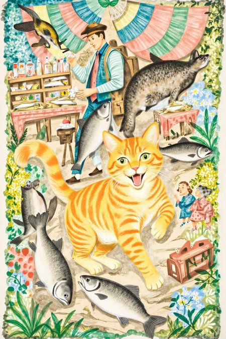 illustration.
A golden tabby stealing a fish, running away in a market  <lora:gwonder1_cap_d6a3e15:1.0><lora:826632152218131422:0>