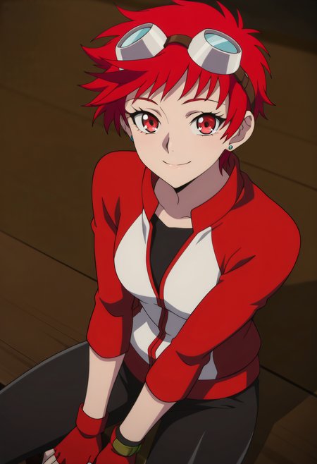 masterpiece, best quality, very aesthetic, 

1girl, solo,

Ximena Victoria, short hair, red hair, red eyes, earrings, stud earrings,

jacket, goggles on head, fingerless gloves, pants,

Smile, looking at viewer,

Close-up, sit,

Anime coloring,



